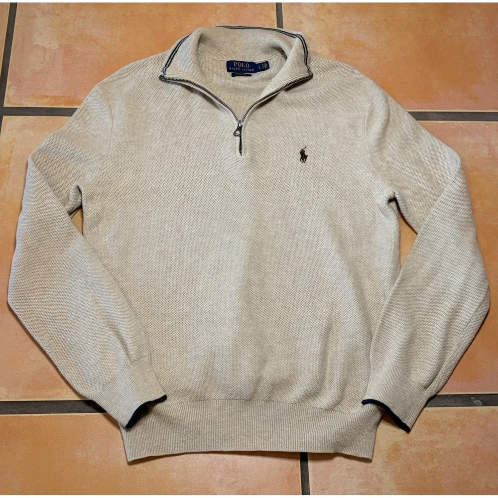 POLO Ralph Lauren QUARTER Zip SWEATER Cotton Knit PULLOVER Cream MEN'S Large